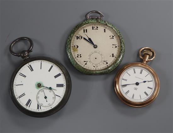 A 1930s? 925 and shagreen cased open face pocket watch, a silver pocket watch and a gold plated pocket watch.